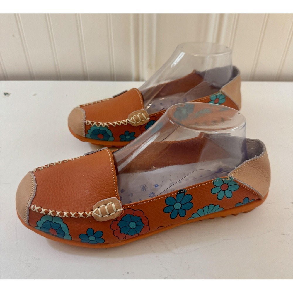 Socofy Shoes Womens Size 9 Orange Leather Moccasin Floral Whimsy Maximalist